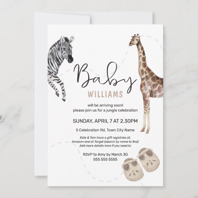 Watercolor Safari Animal Neutral Baby Shower Invitation (Front)