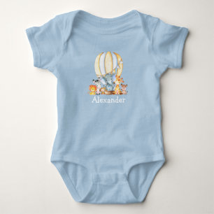 Watercolor Safari Animals Air Balloon Blue Baby Bodysuit
