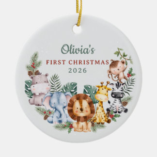 Watercolor Safari Animals Baby 1st Christmas Ceramic Tree Decoration