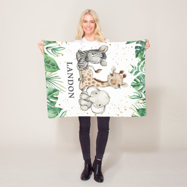 Watercolor Safari Animals Baby Boy Nursery Fleece Blanket (In Situ)