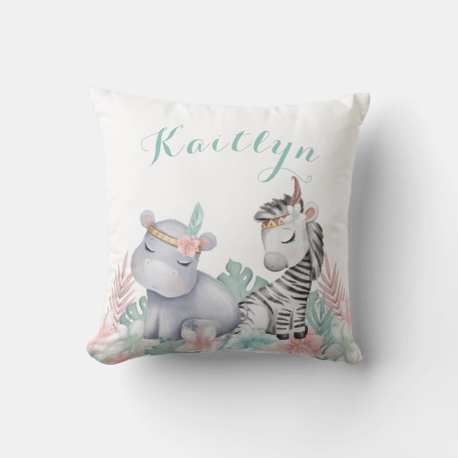 Watercolor Safari Animals Baby Nursery Girl Cushion (Front)