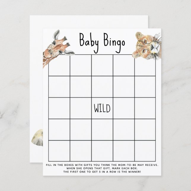Watercolor SAFARI animals - Baby shower bingo game (Front/Back)