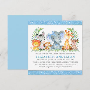 Watercolor Safari Animals Baby Shower Blue Bow Sq Invitation