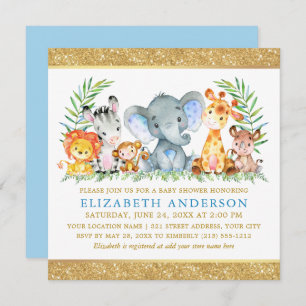 Watercolor Safari Animals Baby Shower Blue Gold Sq Invitation