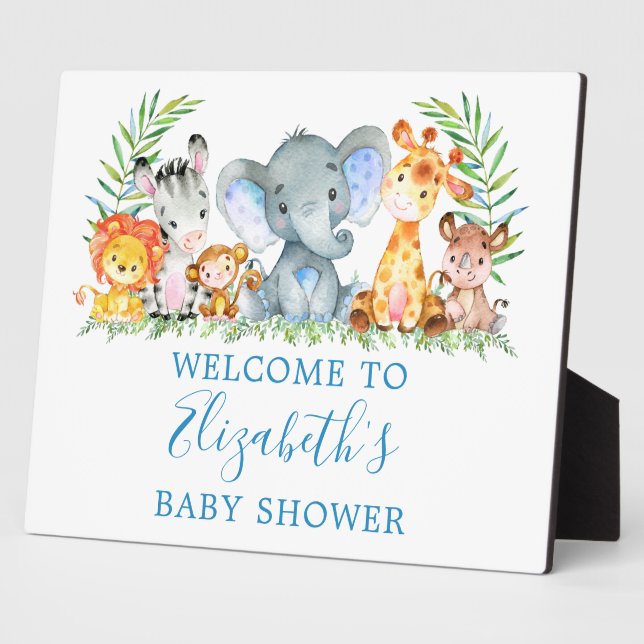 Watercolor Safari Animals Baby Shower Blue  Plaque (Side)