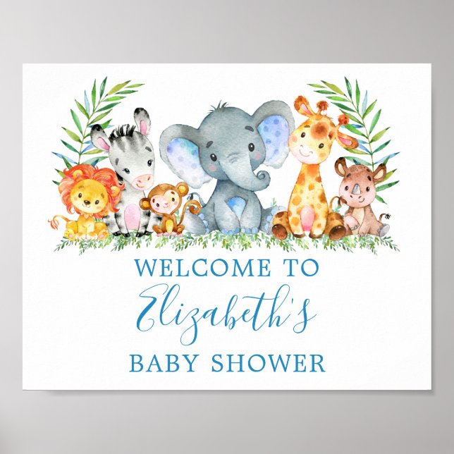 Watercolor Safari Animals Baby Shower Blue  Poster (Front)