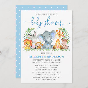 Watercolor Safari Animals Baby Shower Blue Script Invitation