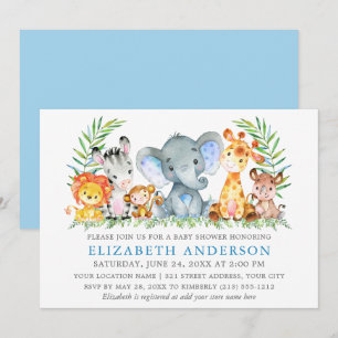 Watercolor Safari Animals Baby Shower Blue Silver Invitation