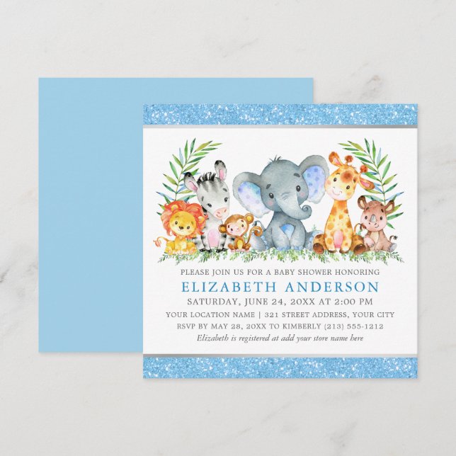 Watercolor Safari Animals Baby Shower Blue Square Invitation (Front/Back)