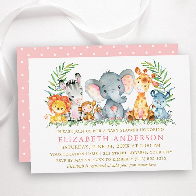 Watercolor Safari Animals Baby Shower Gold Pink Invitation (Customize to change text color, size or text style.)