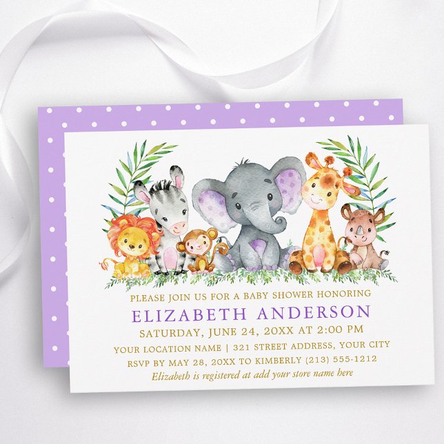 Watercolor Safari Animals Baby Shower Gold Violet Invitation (Customize to change text color, size or text style.)