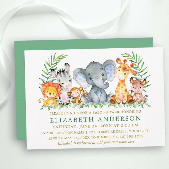 Watercolor Safari Animals Baby Shower Green Gold Invitation (Customize to change text color, size, text style or change color of back of card.)