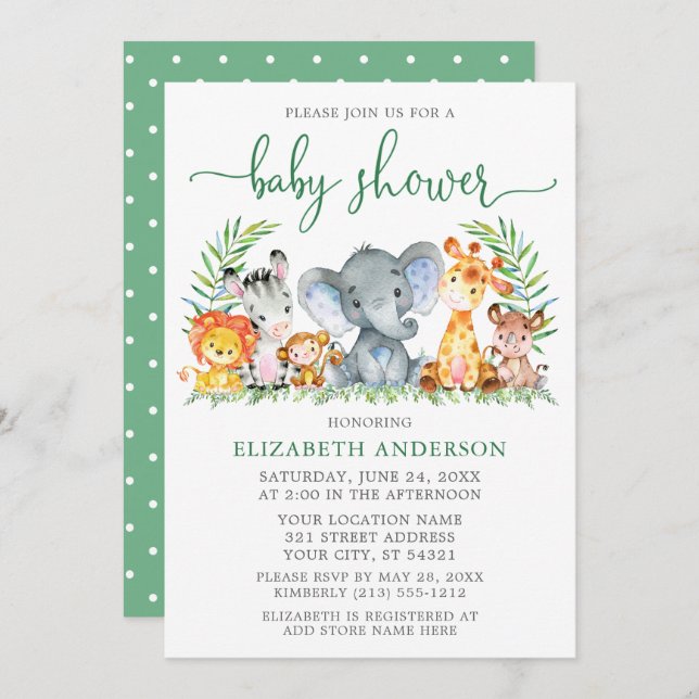 Watercolor Safari Animals Baby Shower Green Script Invitation (Front/Back)