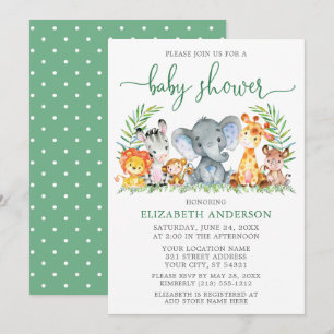 Watercolor Safari Animals Baby Shower Green Script Invitation