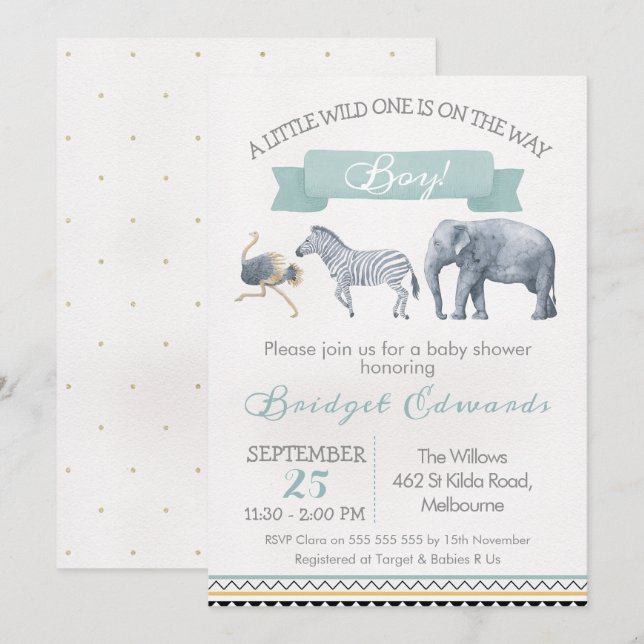 Watercolor Safari Animals Baby Shower Invitation (Front/Back)