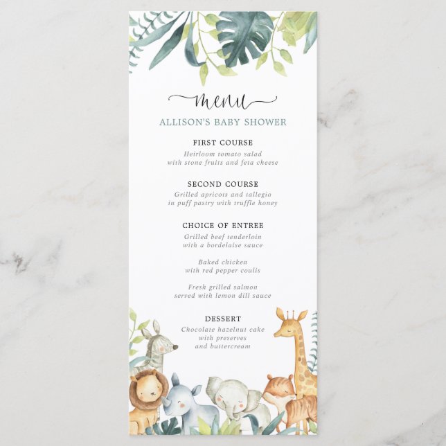 Watercolor safari animals baby shower menu (Front)