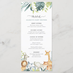 Watercolor safari animals baby shower menu