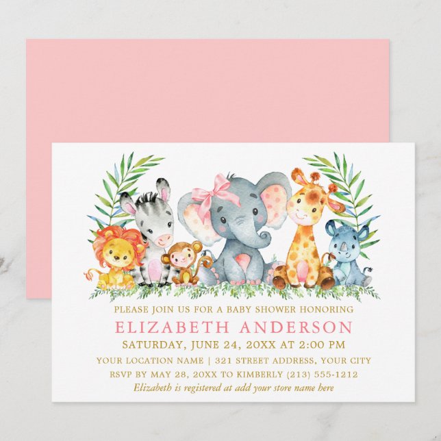 Watercolor Safari Animals Baby Shower Pink Bow Invitation (Front/Back)