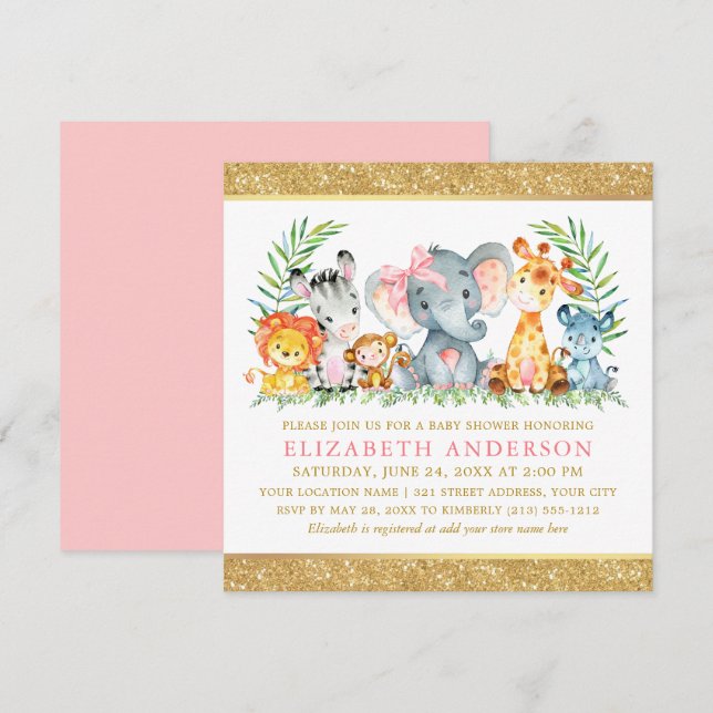Watercolor Safari Animals Baby Shower Pink Bow Sq Invitation (Front/Back)