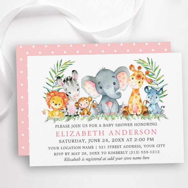 Watercolor Safari Animals Baby Shower Pink Dots Invitation (Customize to change text color, size or text style.)