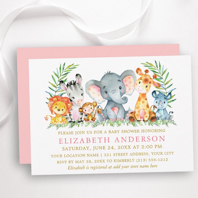 Watercolor Safari Animals Baby Shower Pink Gold Invitation (Customize to change text color, size, text style or change color of back of card.)