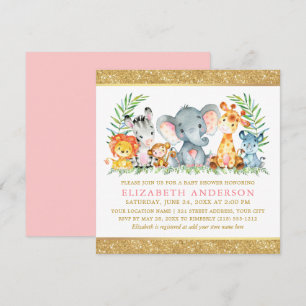 Watercolor Safari Animals Baby Shower Pink Gold Sq Invitation