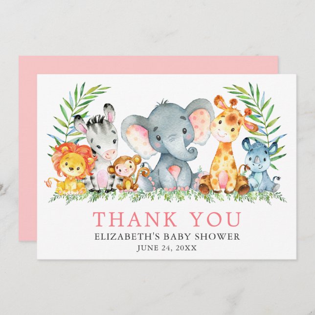 Watercolor Safari Animals Baby Shower Pink Thank You Card (Front/Back)