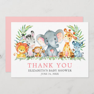 Watercolor Safari Animals Baby Shower Pink Thank You Card