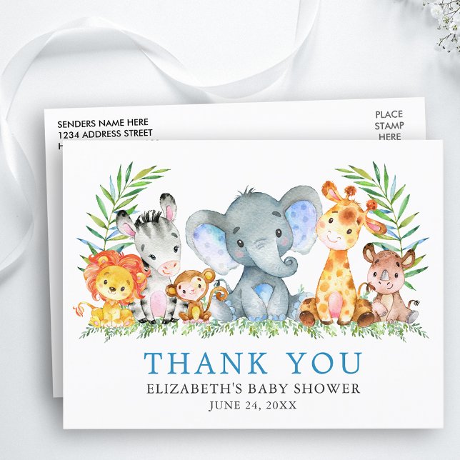 Watercolor Safari Animals Baby Shower Thank You Postcard (Customize to change text size, color or text style.)