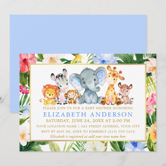 Watercolor Safari Animals Baby Shower Tropical Invitation (Front/Back)
