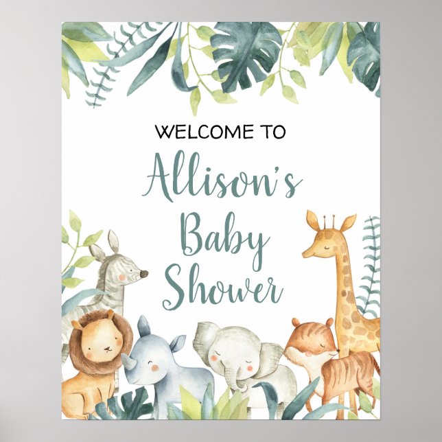 Watercolor safari animals baby shower welcome sign (Front)