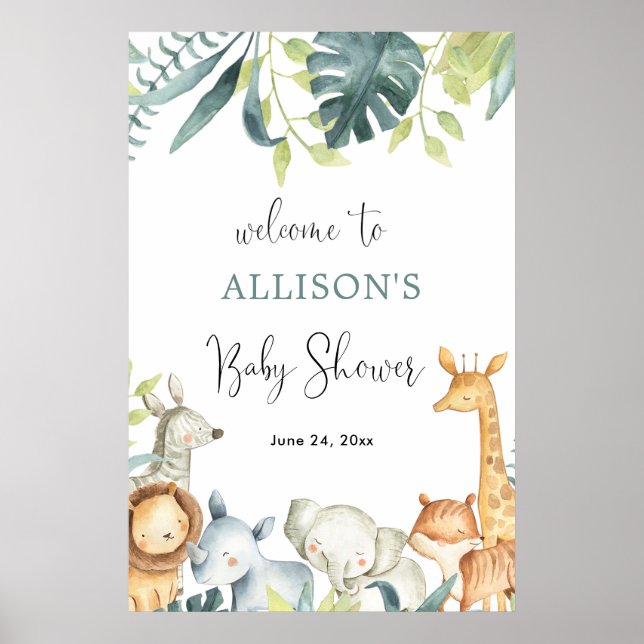 Watercolor safari animals baby shower welcome sign (Front)