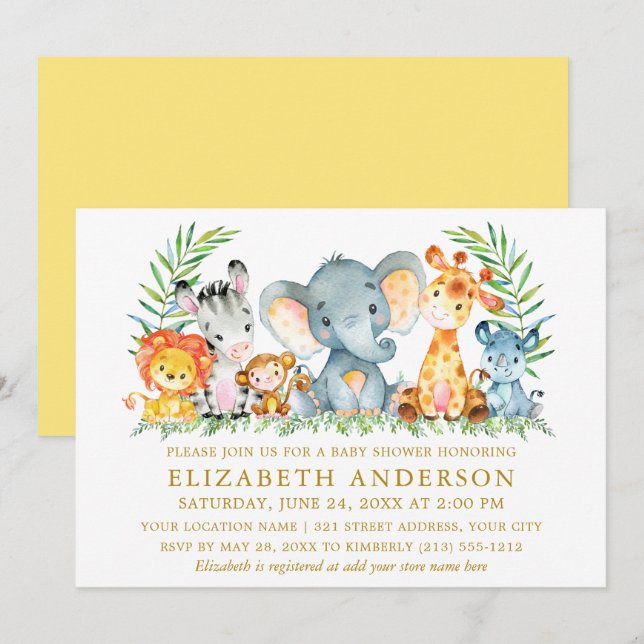 Watercolor Safari Animals Baby Shower Yellow Gold Invitation (Front/Back)