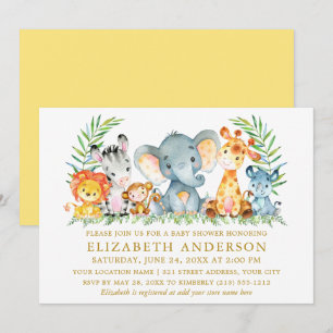 Watercolor Safari Animals Baby Shower Yellow Gold Invitation