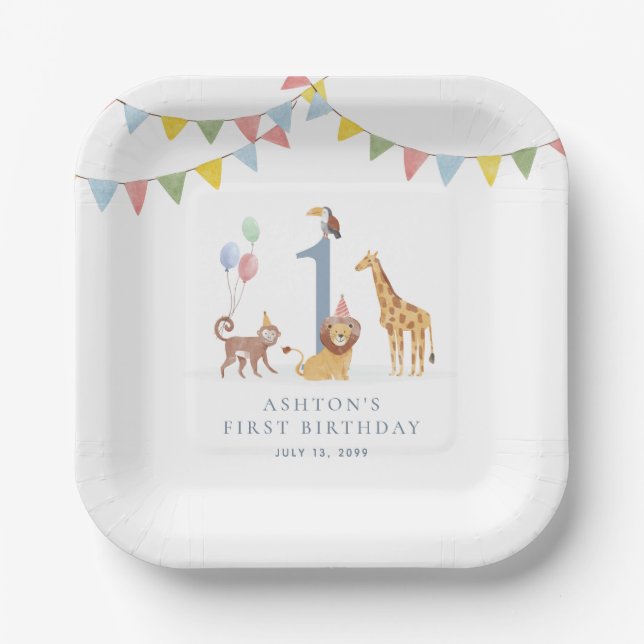 Watercolor Safari Animals Birthday Paper Plate (Front)