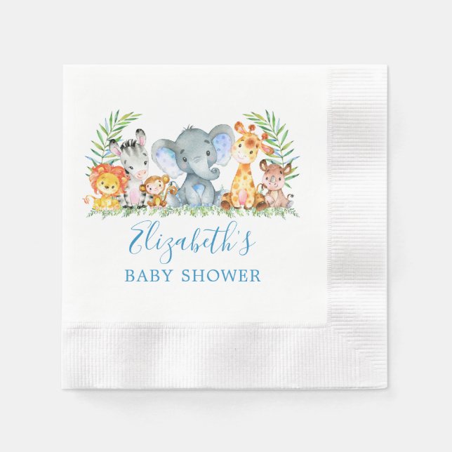 Watercolor Safari Animals Blue Baby Shower Napkin (Front)