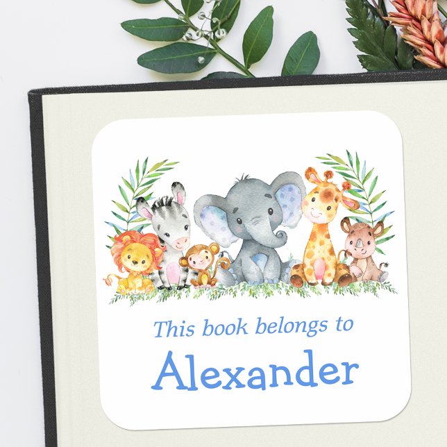 Watercolor Safari Animals Blue Bookplate Label (Customize to change text size, color or text style.)