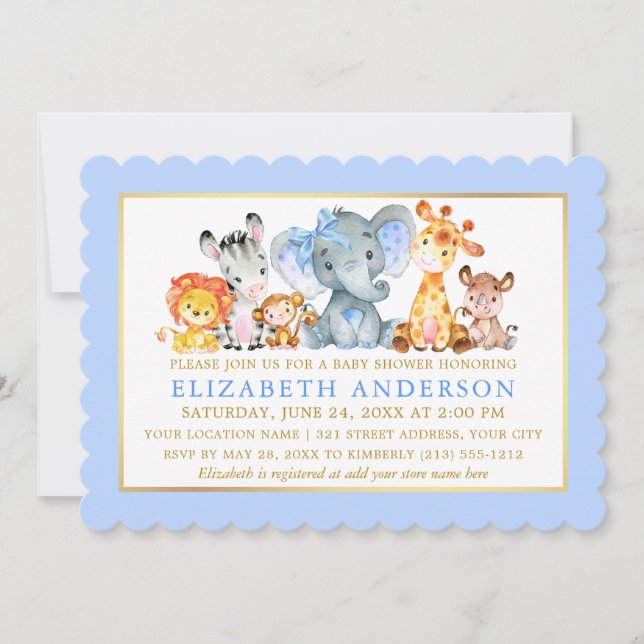 Watercolor Safari Animals Blue Bow Baby Shower Invitation (Front)