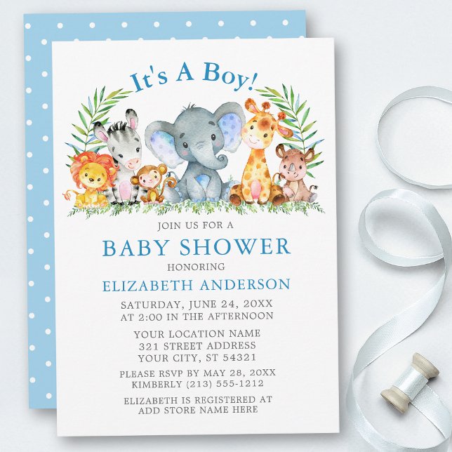 Watercolor Safari Animals Blue Dots Baby Shower  Invitation (Customize to change text color, size or text style.)