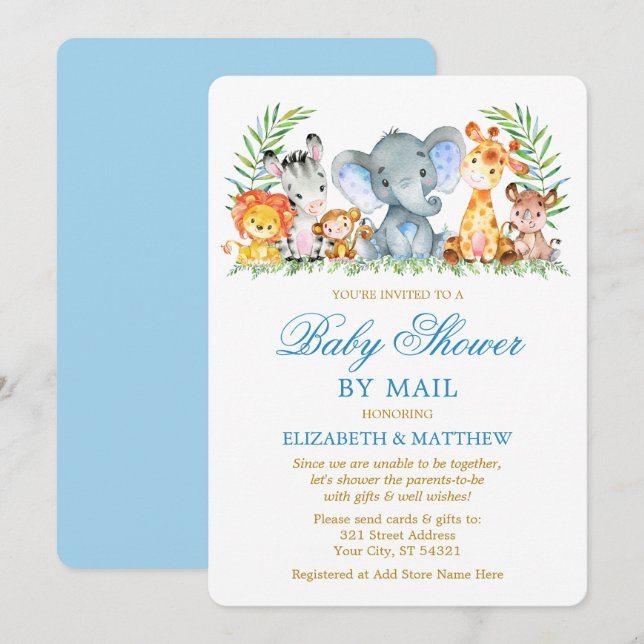 Watercolor Safari Animals Blue Gold Shower by Mail Invitation (Front/Back)
