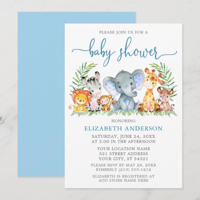 Watercolor Safari Animals Blue Script Baby Shower Invitation (Front/Back)