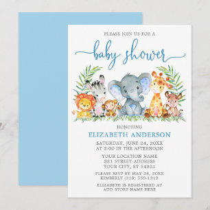 Watercolor Safari Animals Blue Script Baby Shower Invitation
