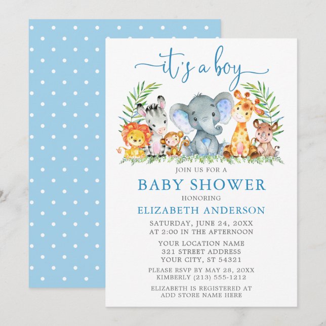 Watercolor Safari Animals Blue Script Boy Shower Invitation (Front/Back)