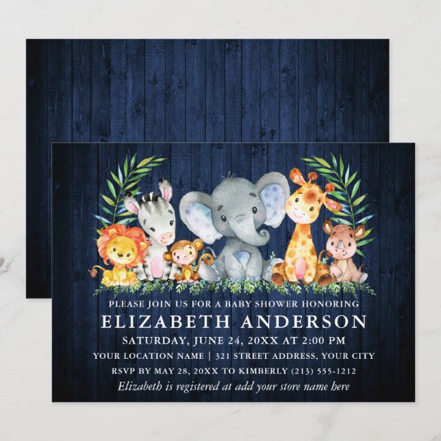 Watercolor Safari Animals Blue Wood Baby Shower Invitation (Front/Back)
