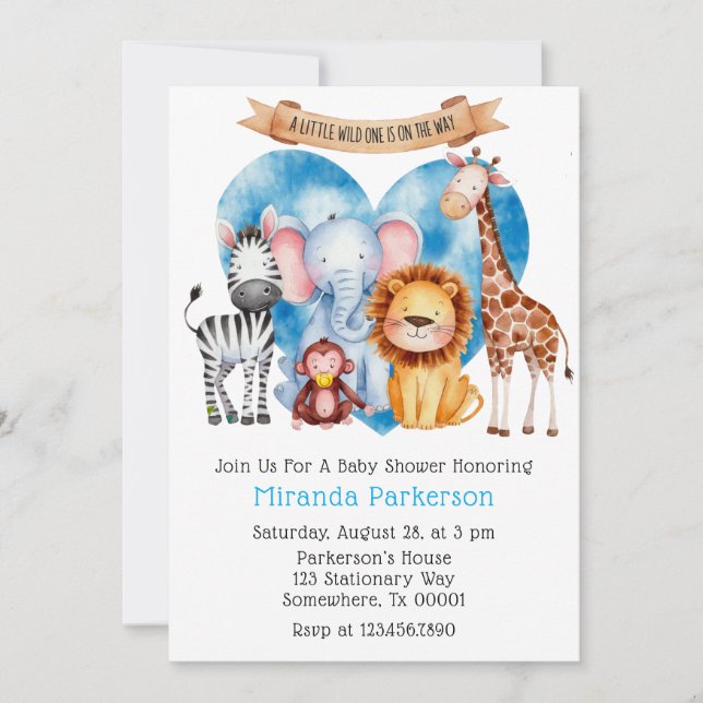 Watercolor Safari Animals Boy Baby Shower Invitation (Front)