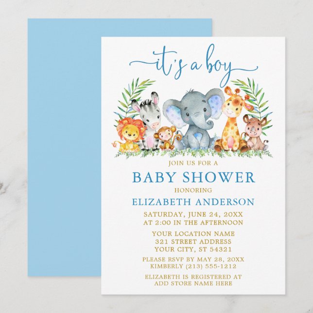 Watercolor Safari Animals Boy Shower Blue Gold Invitation (Front/Back)