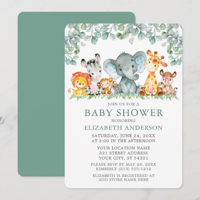 Watercolor Safari Animals Eucalyptus Baby Shower Invitation (Front/Back)