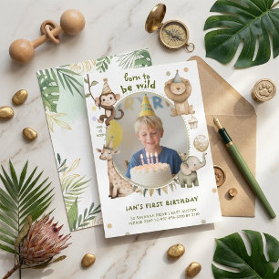 Watercolor Safari Animals First Birthday Photo Invitation