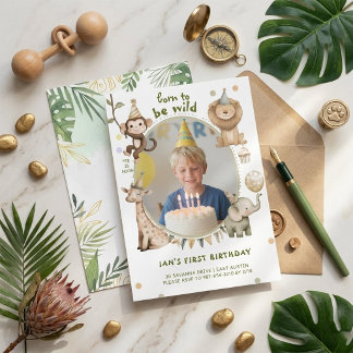 Watercolor Safari Animals First Birthday Photo Invitation