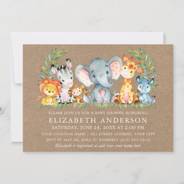 Watercolor Safari Animals Girl Baby Shower Kraft Invitation (Front)
